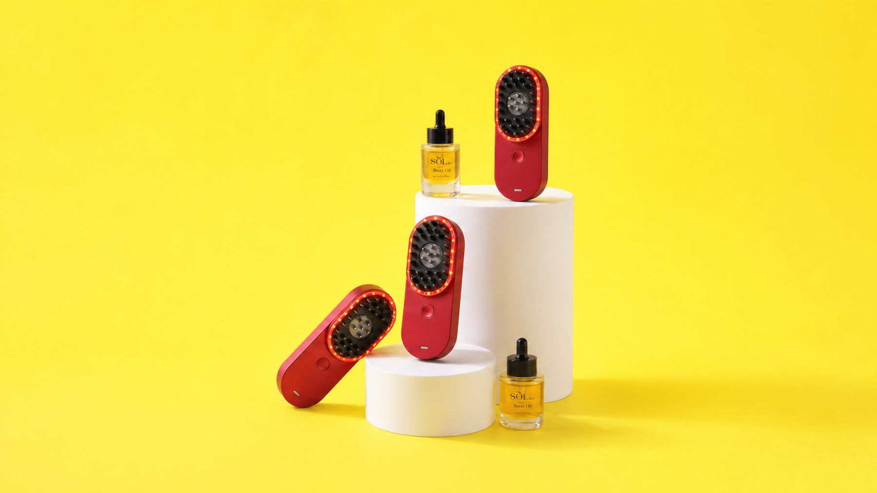 Sol&co. Nova devices and Boost Oil on yellow backdrop